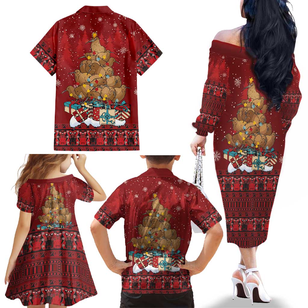 Funny Kiwi Bird Xmas Tree Family Matching Off The Shoulder Long Sleeve Dress and Hawaiian Shirt New Zealand Tribal Christmas Spirit LT9 - Polynesian Pride