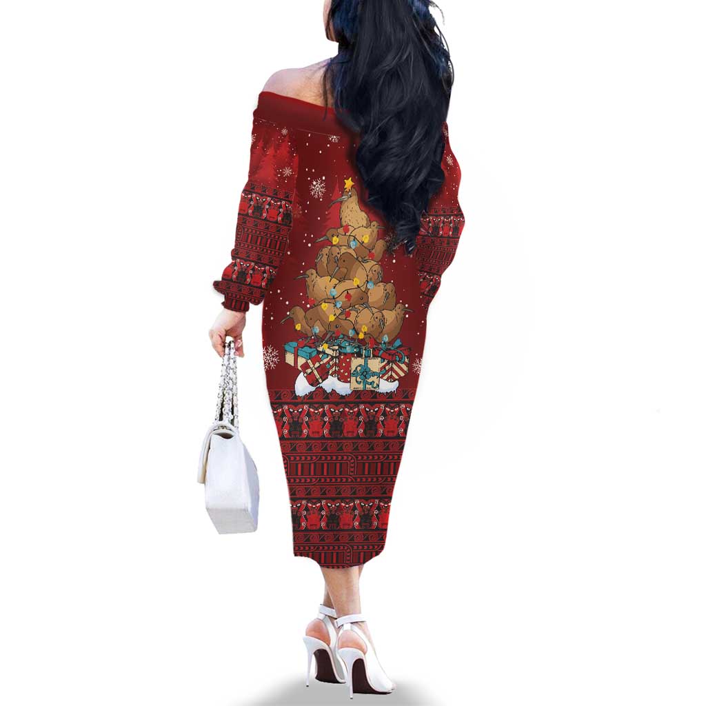 Funny Kiwi Bird Xmas Tree Family Matching Off The Shoulder Long Sleeve Dress and Hawaiian Shirt New Zealand Tribal Christmas Spirit LT9 - Polynesian Pride