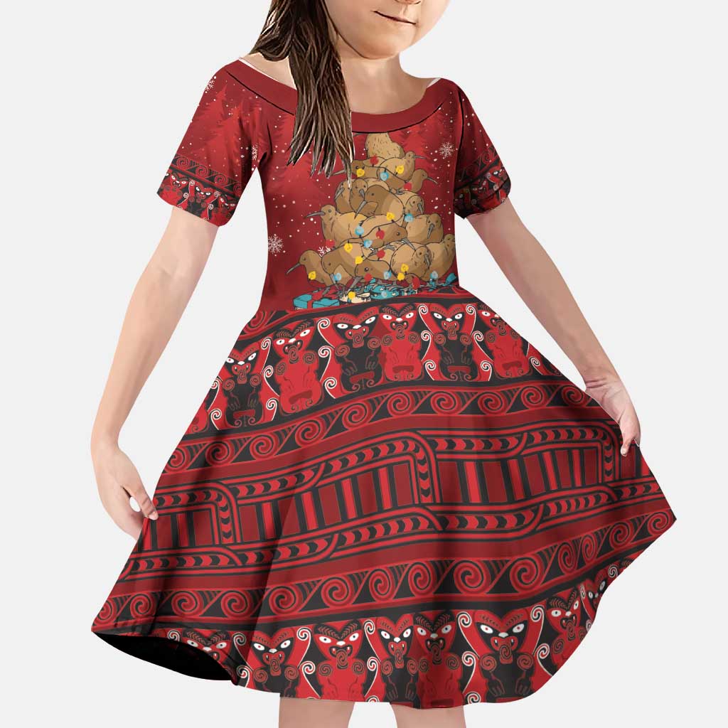 Funny Kiwi Bird Xmas Tree Family Matching Off Shoulder Short Dress and Hawaiian Shirt New Zealand Tribal Christmas Spirit LT9 Daughter's Dress Red - Polynesian Pride