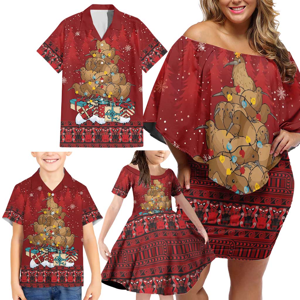 Funny Kiwi Bird Xmas Tree Family Matching Off Shoulder Short Dress and Hawaiian Shirt New Zealand Tribal Christmas Spirit - Polynesian Pride