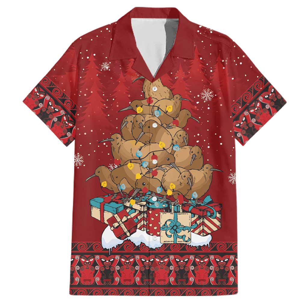 Funny Kiwi Bird Xmas Tree Family Matching Off Shoulder Short Dress and Hawaiian Shirt New Zealand Tribal Christmas Spirit LT9 Dad's Shirt - Short Sleeve Red - Polynesian Pride