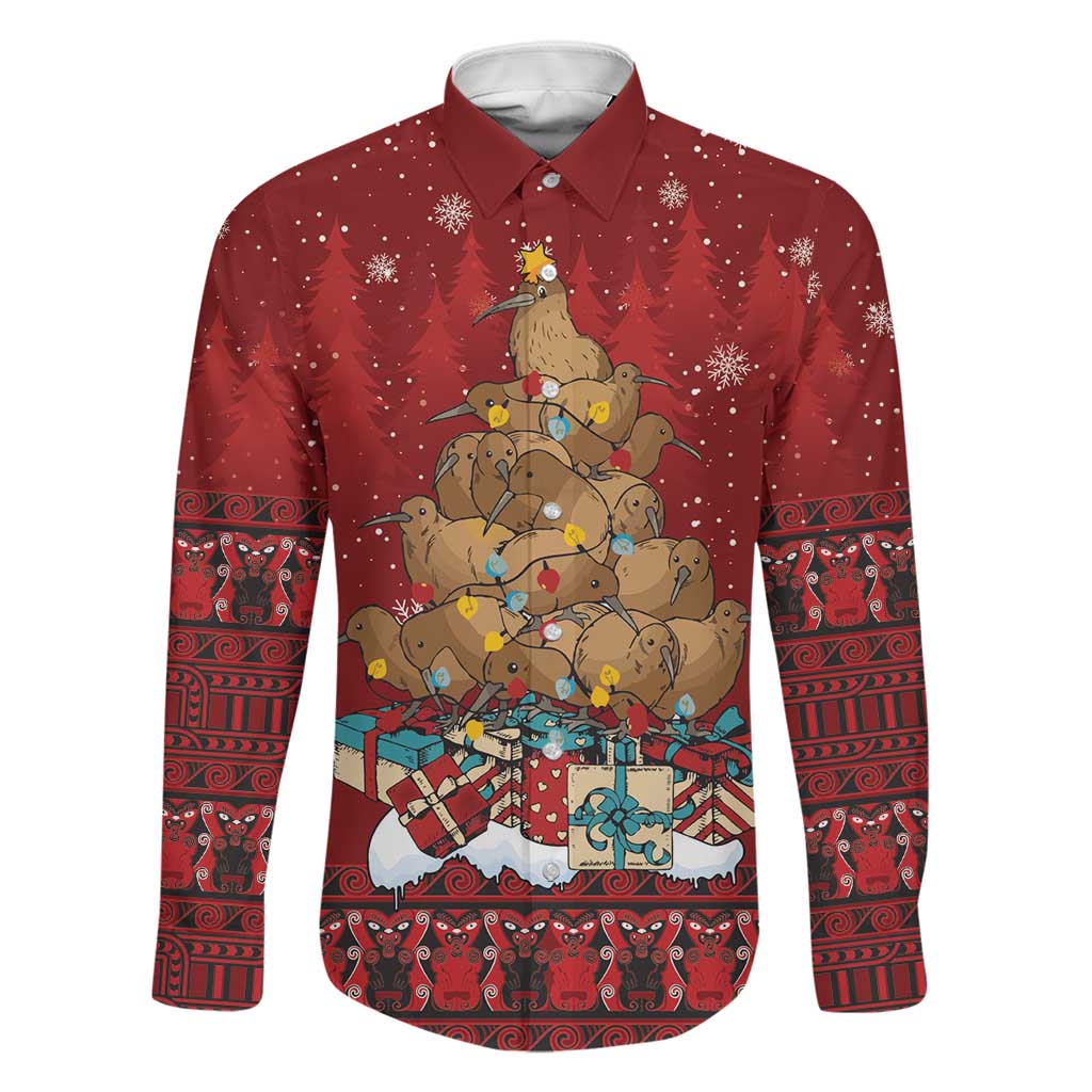 Funny Kiwi Bird Xmas Tree Family Matching Puletasi and Hawaiian Shirt New Zealand Tribal Christmas Spirit LT9 Dad's Shirt - Long Sleeve Red - Polynesian Pride