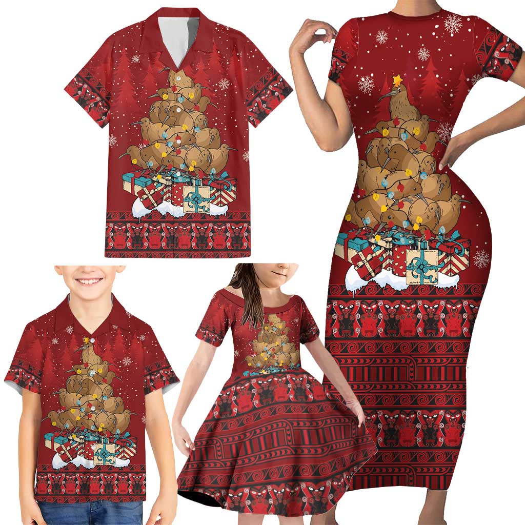 Funny Kiwi Bird Xmas Tree Family Matching Short Sleeve Bodycon Dress and Hawaiian Shirt New Zealand Tribal Christmas Spirit LT9 - Polynesian Pride