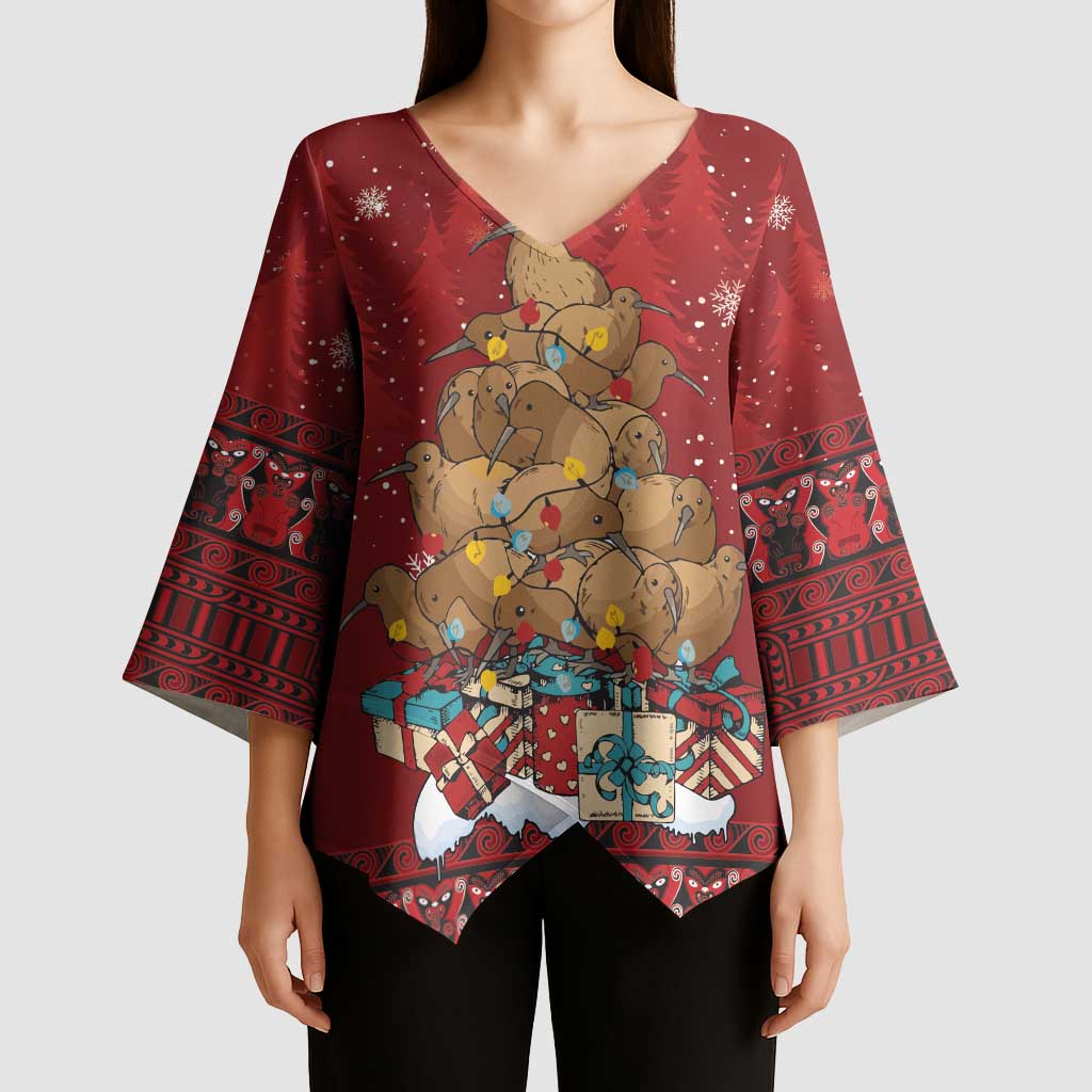 Funny Kiwi Bird Xmas Tree Kimono Sleeve Blouse New Zealand Tribal Christmas Spirit LT9 - Polynesian Pride