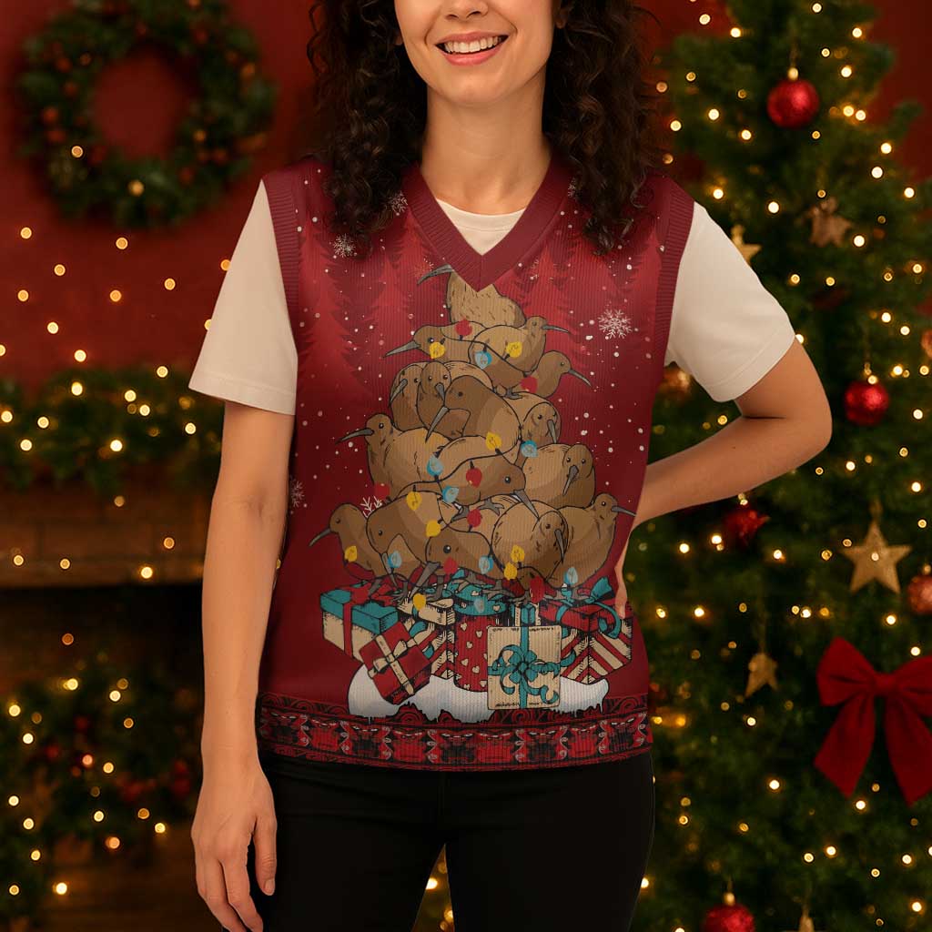 Funny Kiwi Bird Xmas Tree Christmas Knitted V-Neck Vest New Zealand Tribal Christmas Spirit LT9 - Polynesian Pride