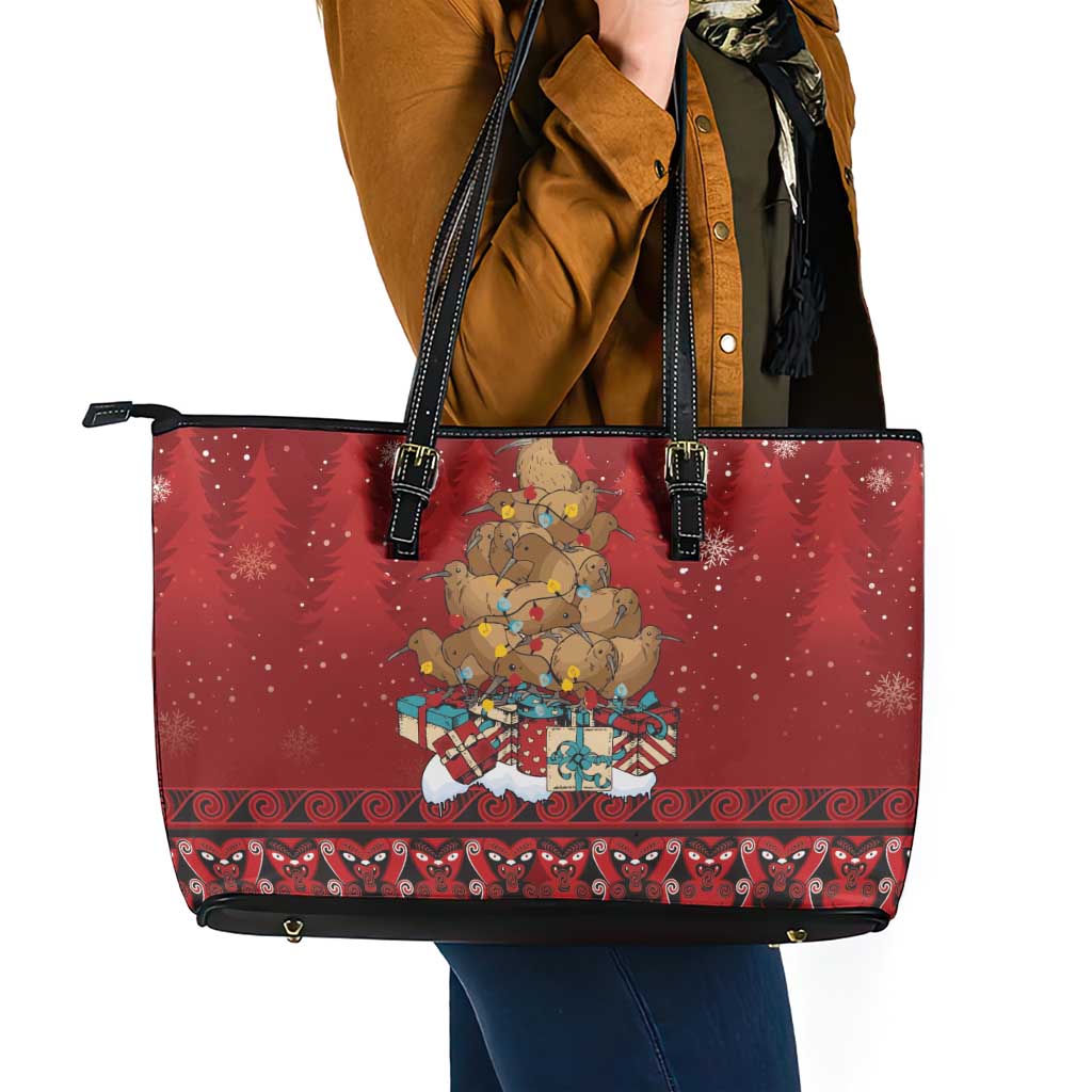 Funny Kiwi Bird Xmas Tree Leather Tote Bag New Zealand Tribal Christmas Spirit LT9 - Polynesian Pride