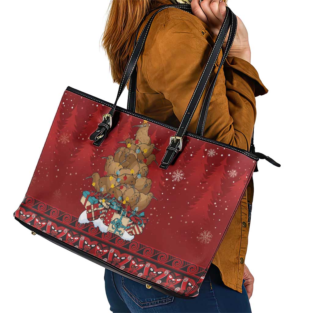 Funny Kiwi Bird Xmas Tree Leather Tote Bag New Zealand Tribal Christmas Spirit LT9 - Polynesian Pride