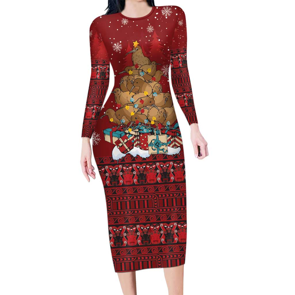 Funny Kiwi Bird Xmas Tree Long Sleeve Bodycon Dress New Zealand Tribal Christmas Spirit LT9 Long Dress Red - Polynesian Pride