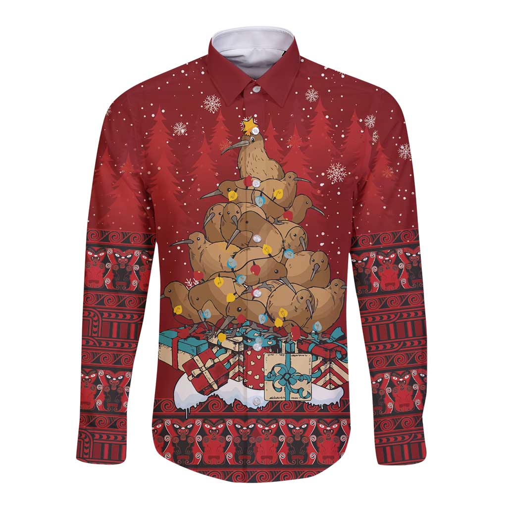 Funny Kiwi Bird Xmas Tree Long Sleeve Button Shirt New Zealand Tribal Christmas Spirit LT9 Unisex Red - Polynesian Pride