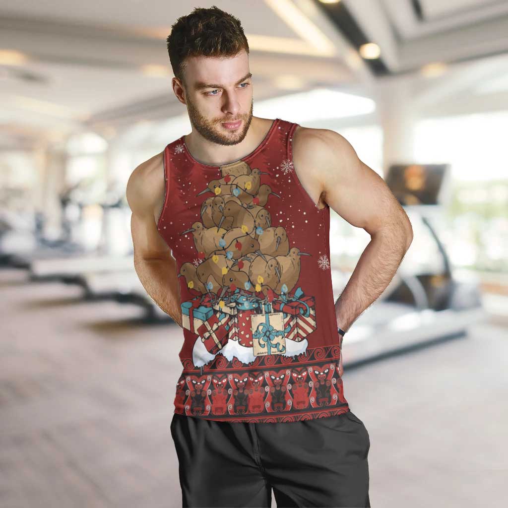 Funny Kiwi Bird Xmas Tree Men Tank Top New Zealand Tribal Christmas Spirit LT9 Red - Polynesian Pride