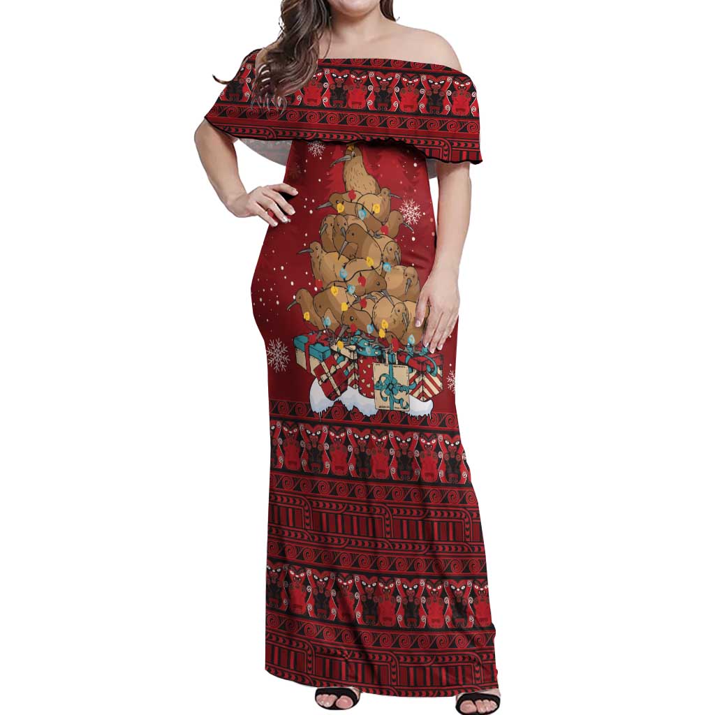 Funny Kiwi Bird Xmas Tree Off Shoulder Maxi Dress New Zealand Tribal Christmas Spirit LT9 Women Red - Polynesian Pride