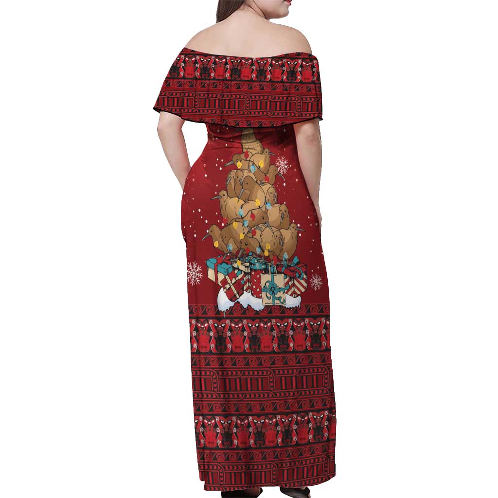 Funny Kiwi Bird Xmas Tree Off Shoulder Maxi Dress New Zealand Tribal Christmas Spirit LT9 - Polynesian Pride