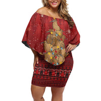 Funny Kiwi Bird Xmas Tree Off Shoulder Short Dress New Zealand Tribal Christmas Spirit LT9 Women Red - Polynesian Pride