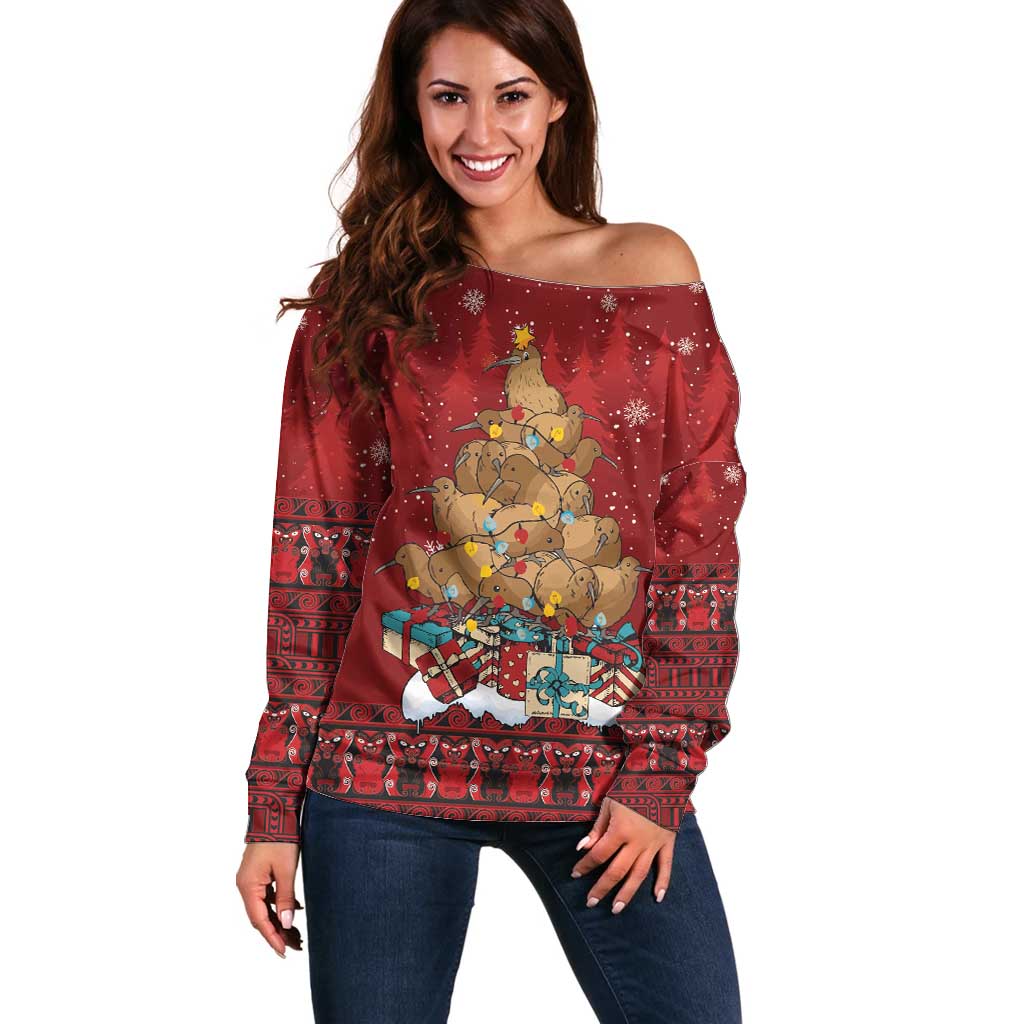 Funny Kiwi Bird Xmas Tree Off Shoulder Sweater New Zealand Tribal Christmas Spirit - Polynesian Pride