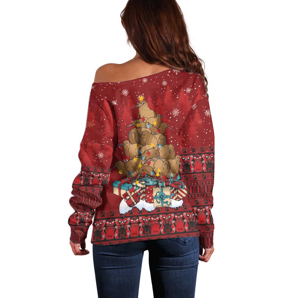 Funny Kiwi Bird Xmas Tree Off Shoulder Sweater New Zealand Tribal Christmas Spirit LT9 - Polynesian Pride
