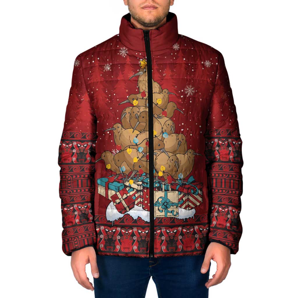 Funny Kiwi Bird Xmas Tree Padded Jacket New Zealand Tribal Christmas Spirit LT9 Men Red - Polynesian Pride