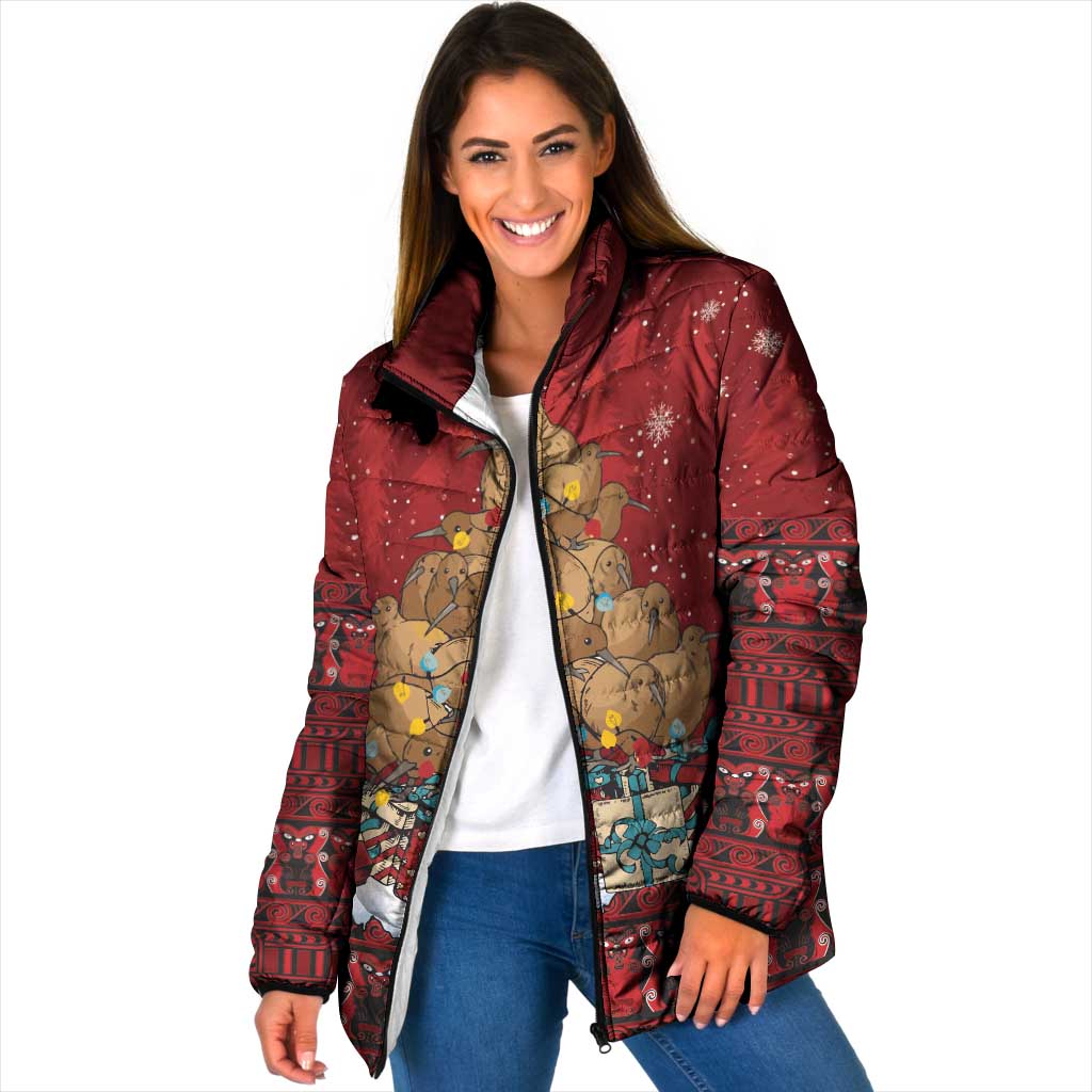 Funny Kiwi Bird Xmas Tree Padded Jacket New Zealand Tribal Christmas Spirit LT9 Women Red - Polynesian Pride