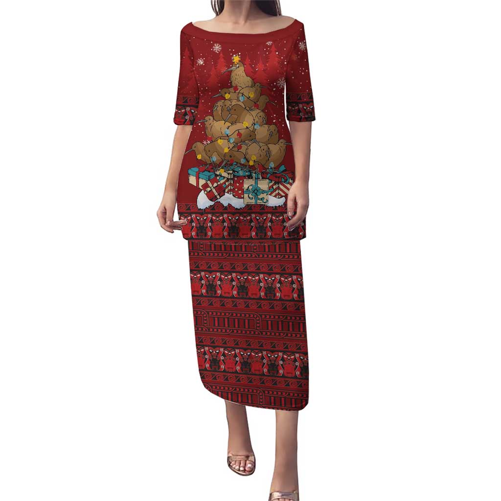 Funny Kiwi Bird Xmas Tree Puletasi New Zealand Tribal Christmas Spirit LT9 Long Dress Red - Polynesian Pride