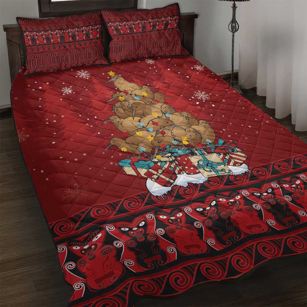 Funny Kiwi Bird Xmas Tree Quilt Bed Set New Zealand Tribal Christmas Spirit LT9 Red - Polynesian Pride