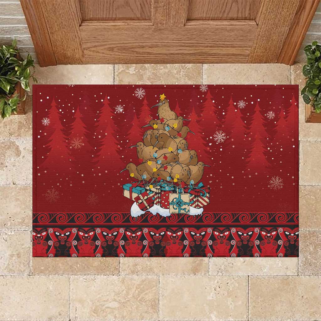 Funny Kiwi Bird Xmas Tree Rubber Doormat New Zealand Tribal Christmas Spirit LT9 Red - Polynesian Pride