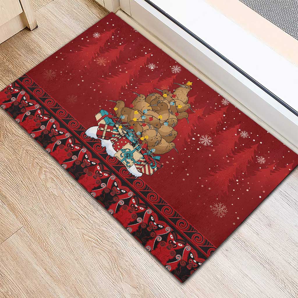Funny Kiwi Bird Xmas Tree Rubber Doormat New Zealand Tribal Christmas Spirit LT9 - Polynesian Pride