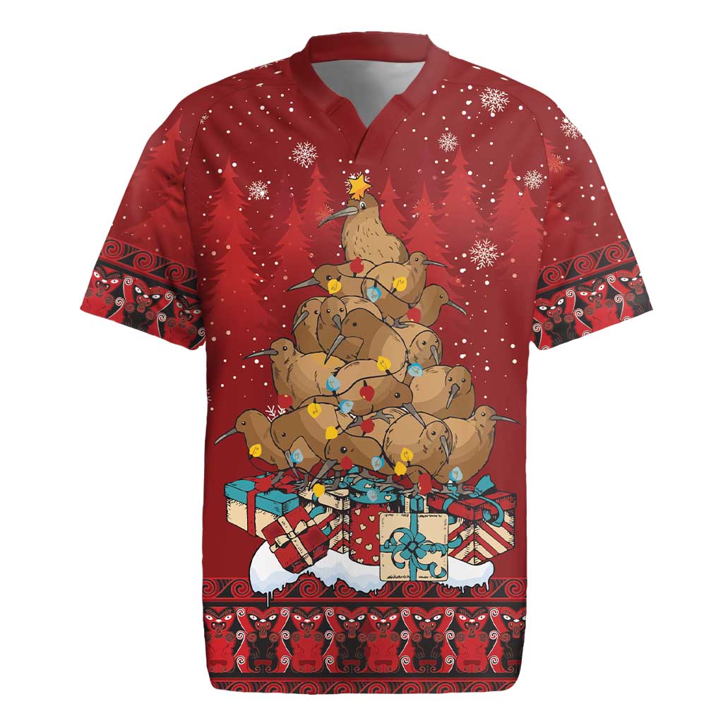 Funny Kiwi Bird Xmas Tree Rugby Jersey New Zealand Tribal Christmas Spirit LT9 Red - Polynesian Pride