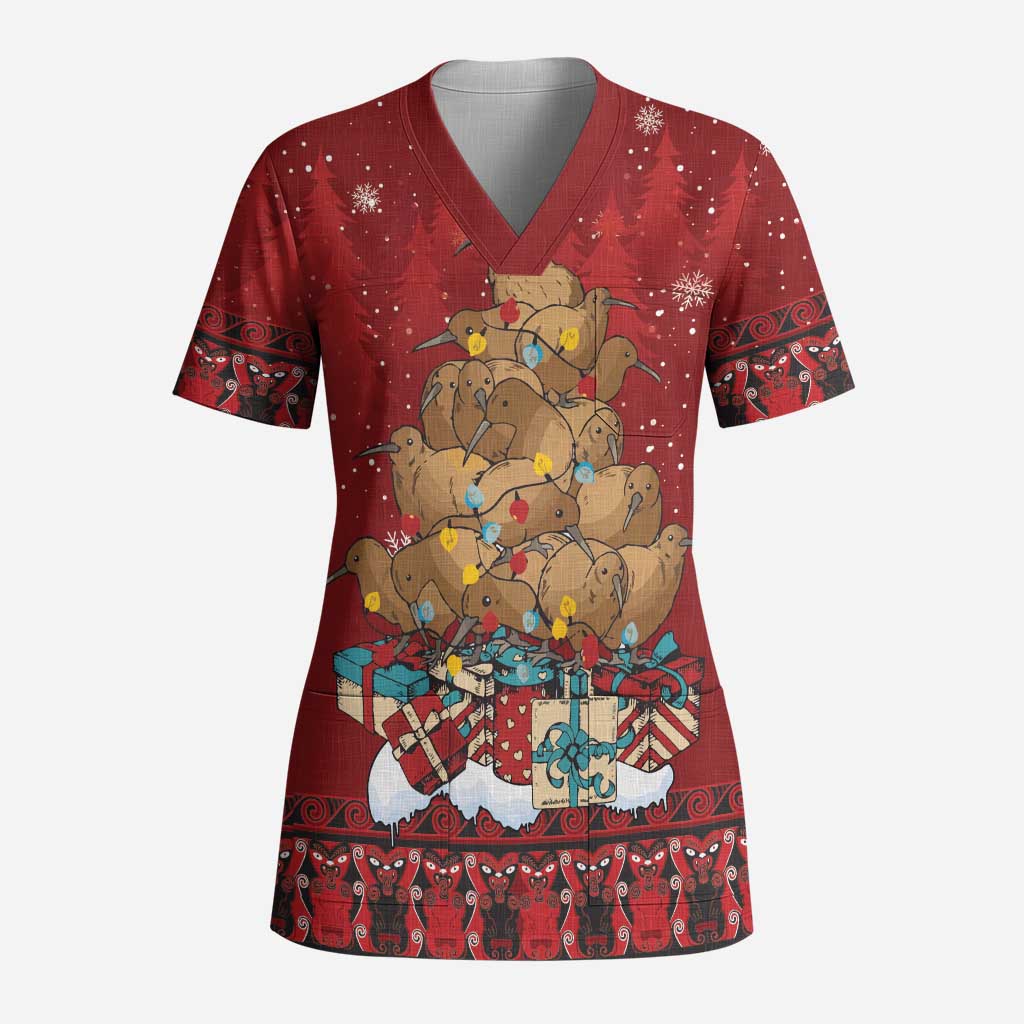 Funny Kiwi Bird Xmas Tree Scrub Top New Zealand Tribal Christmas Spirit LT9 Adult Red - Polynesian Pride