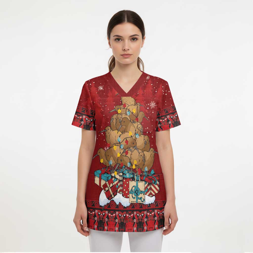 Funny Kiwi Bird Xmas Tree Scrub Top New Zealand Tribal Christmas Spirit LT9 - Polynesian Pride