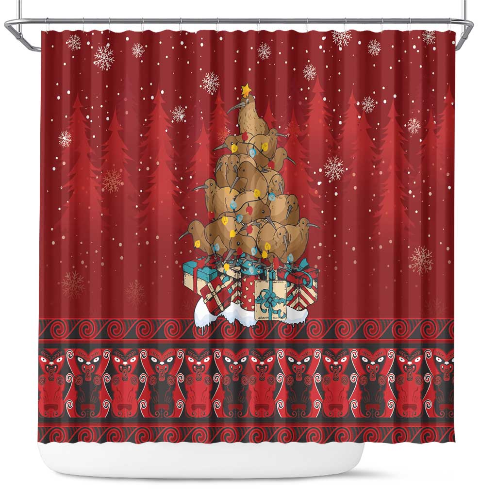Funny Kiwi Bird Xmas Tree Shower Curtain New Zealand Tribal Christmas Spirit LT9 Red - Polynesian Pride