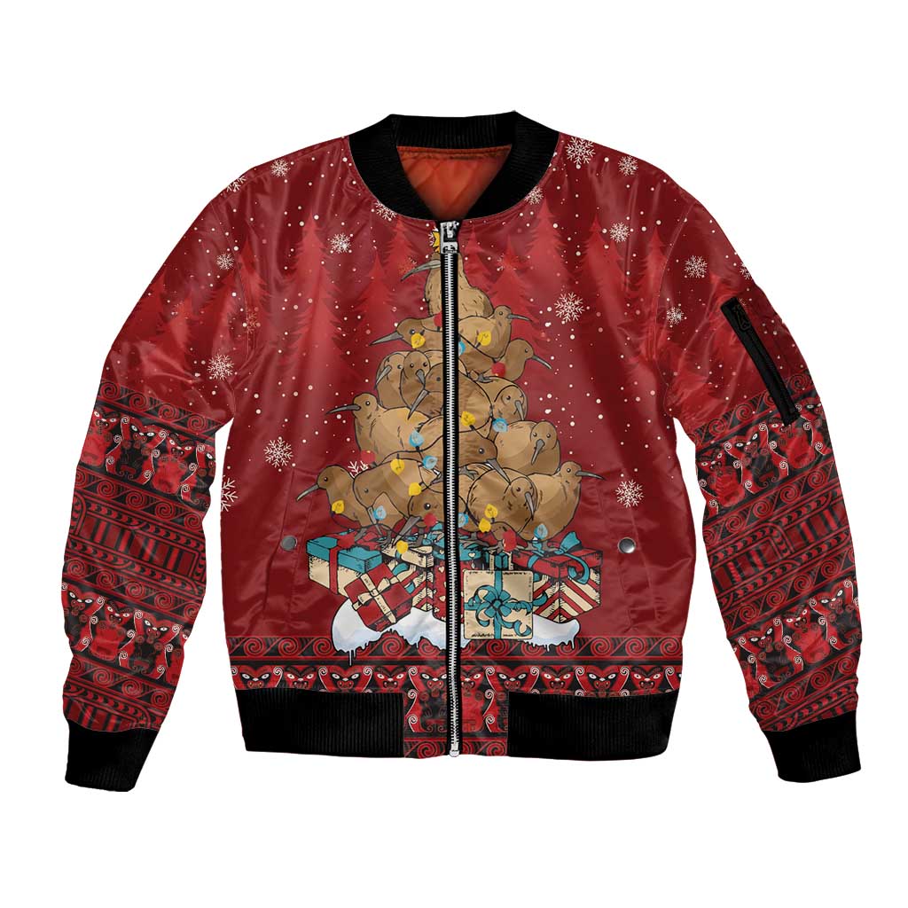 Funny Kiwi Bird Xmas Tree Sleeve Zip Bomber Jacket New Zealand Tribal Christmas Spirit LT9 Unisex Red - Polynesian Pride