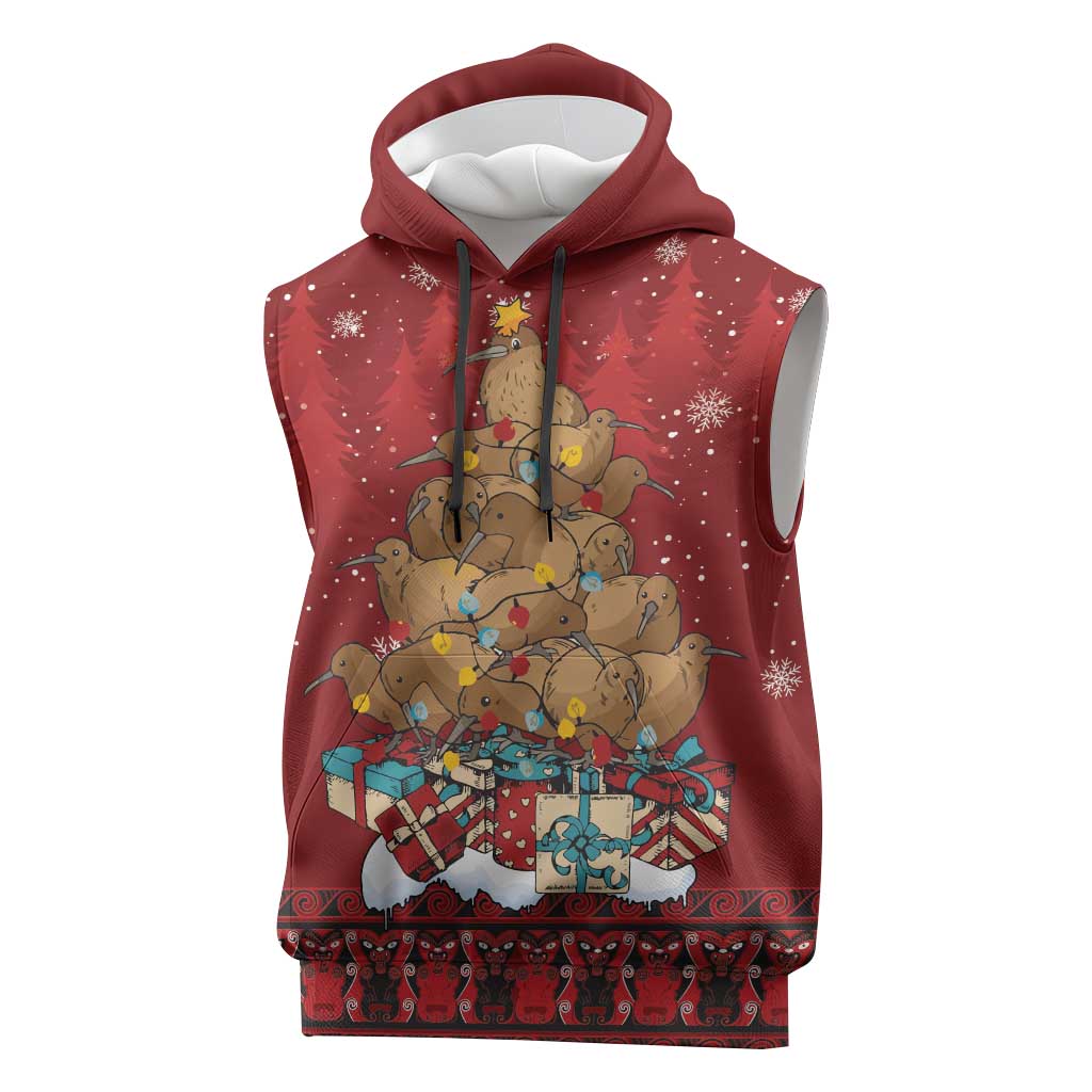 Funny Kiwi Bird Xmas Tree Sleeveless Hoodie New Zealand Tribal Christmas Spirit - Polynesian Pride