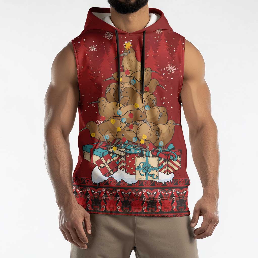 Funny Kiwi Bird Xmas Tree Sleeveless Hoodie New Zealand Tribal Christmas Spirit LT9 - Polynesian Pride