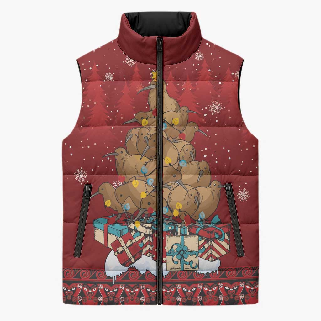 Funny Kiwi Bird Xmas Tree Sleeveless Puffer Jacket New Zealand Tribal Christmas Spirit LT9 Unisex Red - Polynesian Pride