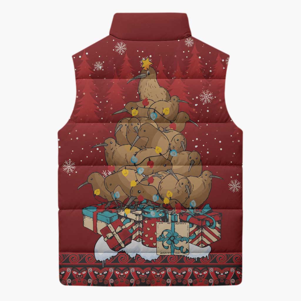 Funny Kiwi Bird Xmas Tree Sleeveless Puffer Jacket New Zealand Tribal Christmas Spirit LT9 - Polynesian Pride