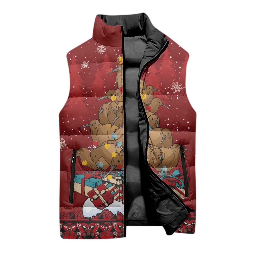 Funny Kiwi Bird Xmas Tree Sleeveless Puffer Jacket New Zealand Tribal Christmas Spirit LT9 - Polynesian Pride