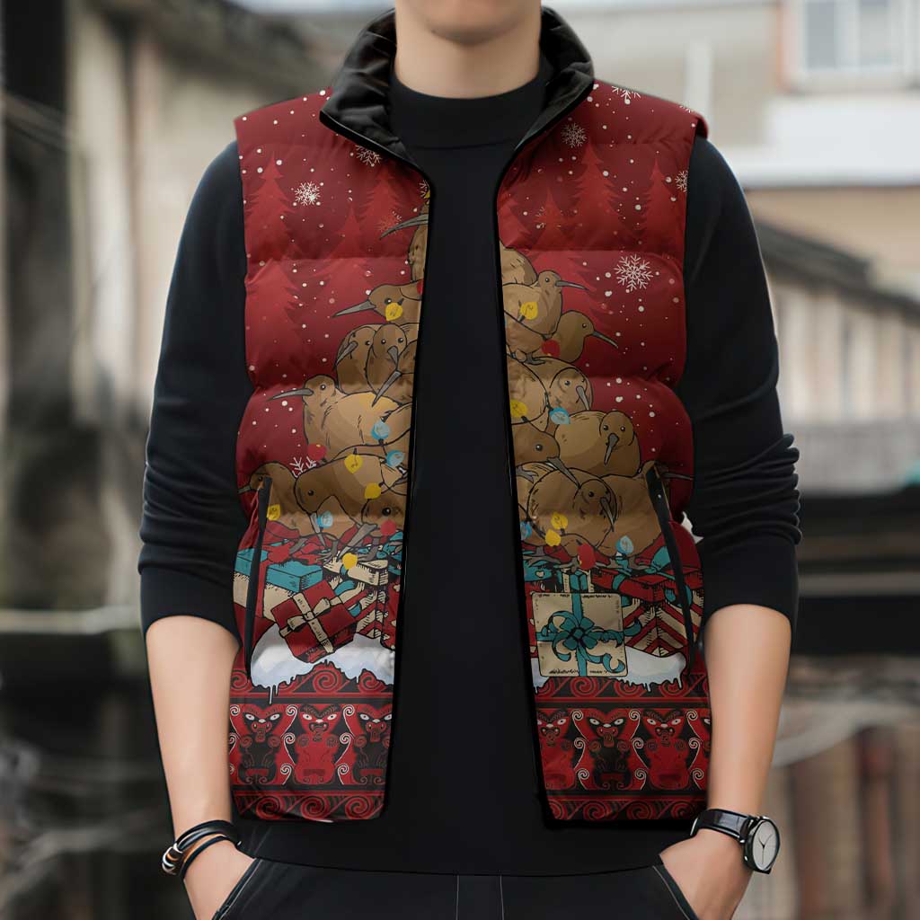 Funny Kiwi Bird Xmas Tree Sleeveless Puffer Jacket New Zealand Tribal Christmas Spirit LT9 - Polynesian Pride
