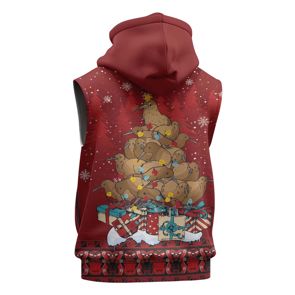 Funny Kiwi Bird Xmas Tree Sleeveless Zip Hoodie New Zealand Tribal Christmas Spirit LT9 - Polynesian Pride