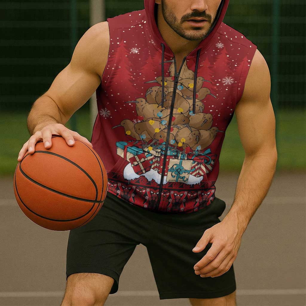 Funny Kiwi Bird Xmas Tree Sleeveless Zip Hoodie New Zealand Tribal Christmas Spirit LT9 - Polynesian Pride
