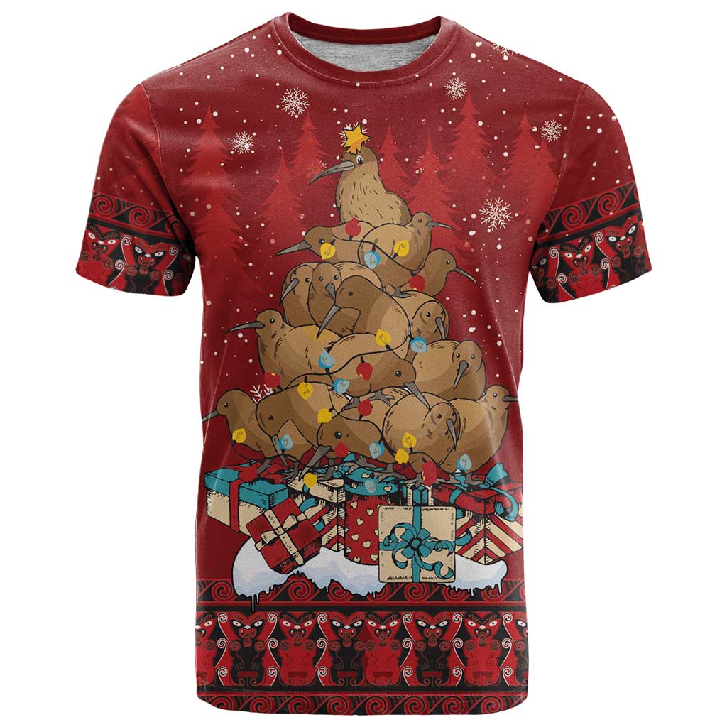 Funny Kiwi Bird Xmas Tree T Shirt New Zealand Tribal Christmas Spirit LT9 Red - Polynesian Pride
