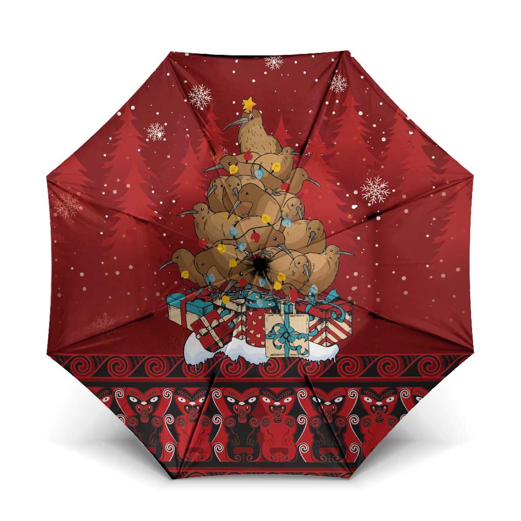 Funny Kiwi Bird Xmas Tree Umbrella New Zealand Tribal Christmas Spirit LT9 One Size Folded 11.42 inch Opened Diameter 37.4 inch Red - Polynesian Pride