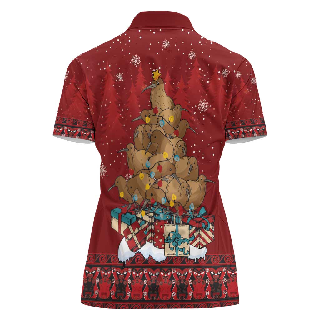 Funny Kiwi Bird Xmas Tree Women Polo Shirt New Zealand Tribal Christmas Spirit - Polynesian Pride