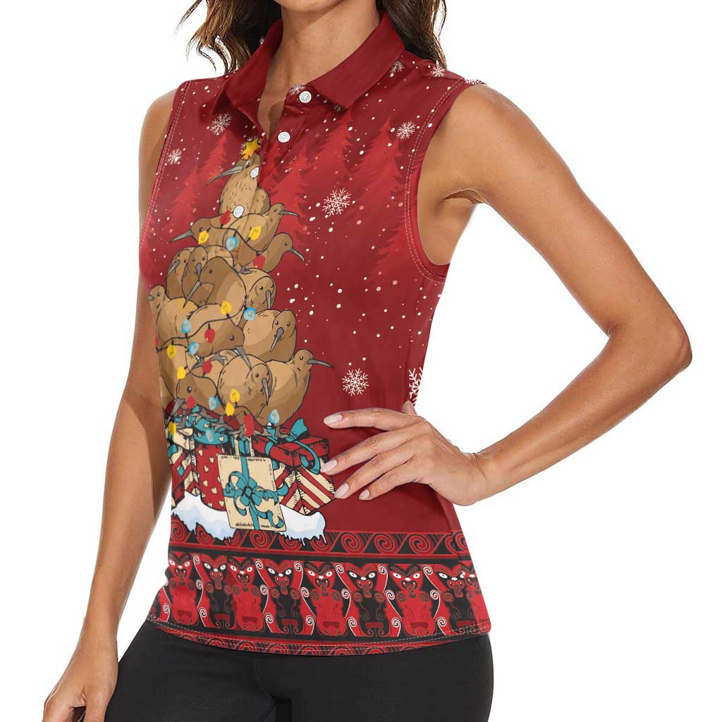 Funny Kiwi Bird Xmas Tree Women Sleeveless Polo Shirt New Zealand Tribal Christmas Spirit LT9 - Polynesian Pride