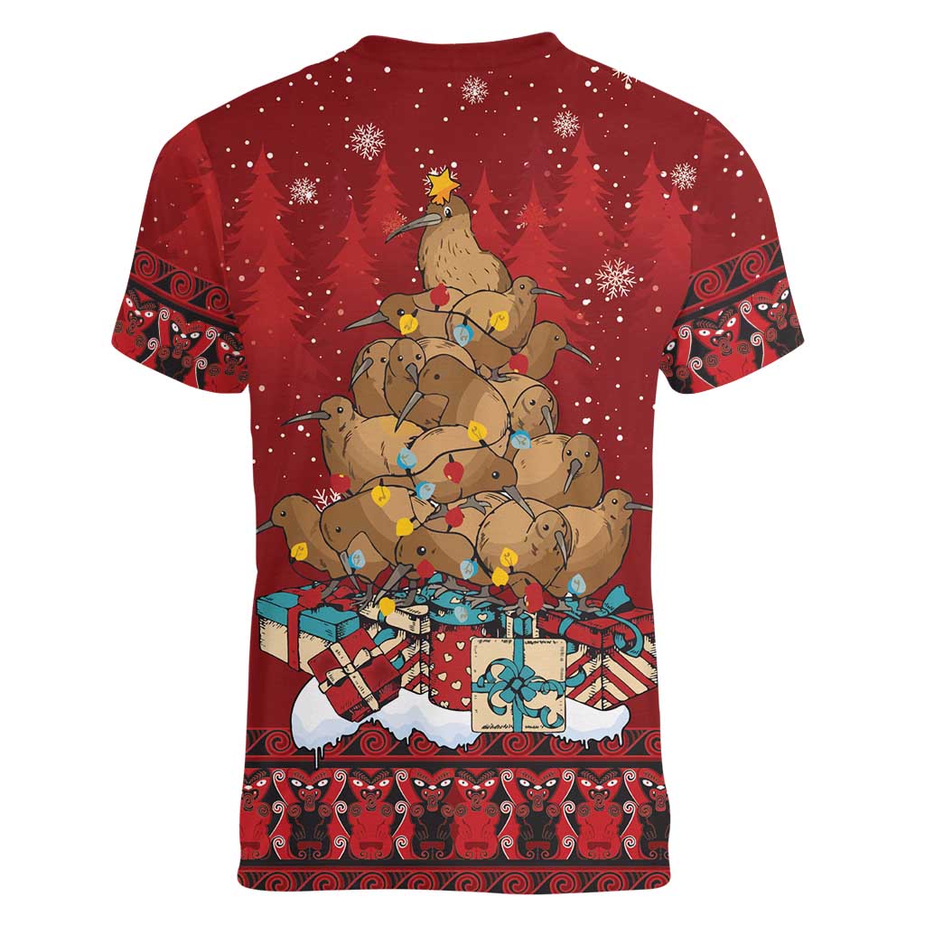 Funny Kiwi Bird Xmas Tree Women V-Neck T-Shirt New Zealand Tribal Christmas Spirit LT9 - Polynesian Pride
