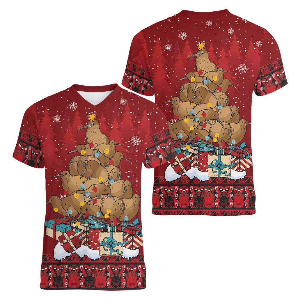 Funny Kiwi Bird Xmas Tree Women V-Neck T-Shirt New Zealand Tribal Christmas Spirit LT9 - Polynesian Pride