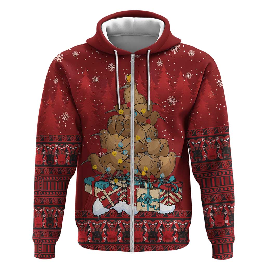 Funny Kiwi Bird Xmas Tree Zip Hoodie New Zealand Tribal Christmas Spirit LT9 Zip Hoodie Red - Polynesian Pride