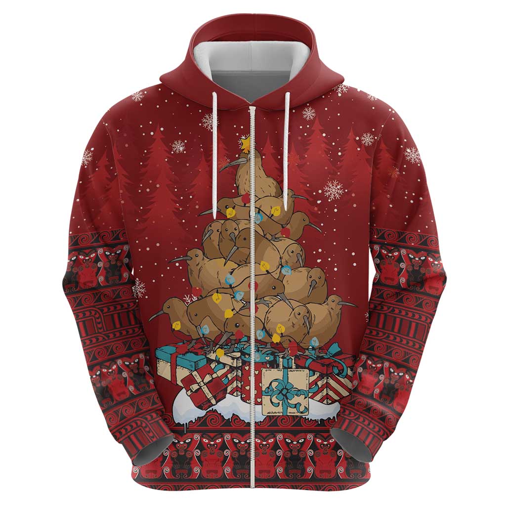 Funny Kiwi Bird Xmas Tree Zip Hoodie New Zealand Tribal Christmas Spirit LT9 - Polynesian Pride