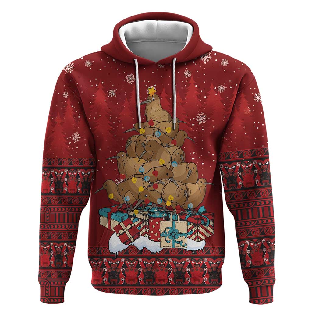 Funny Kiwi Bird Xmas Tree Zip Hoodie New Zealand Tribal Christmas Spirit LT9 Pullover Hoodie Red - Polynesian Pride