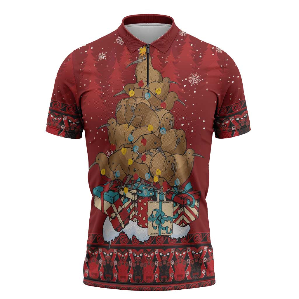 Funny Kiwi Bird Xmas Tree Zipper Polo Shirt New Zealand Tribal Christmas Spirit LT9 Red - Polynesian Pride
