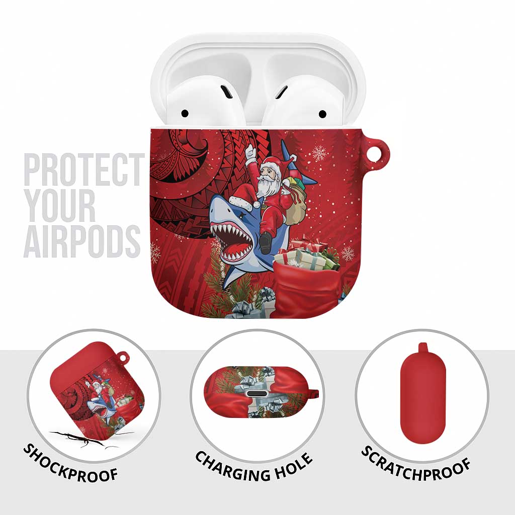 Funny Santa Riding Shark AirPods Case Polynesian Tribal Christmas Spirit - Polynesian Pride