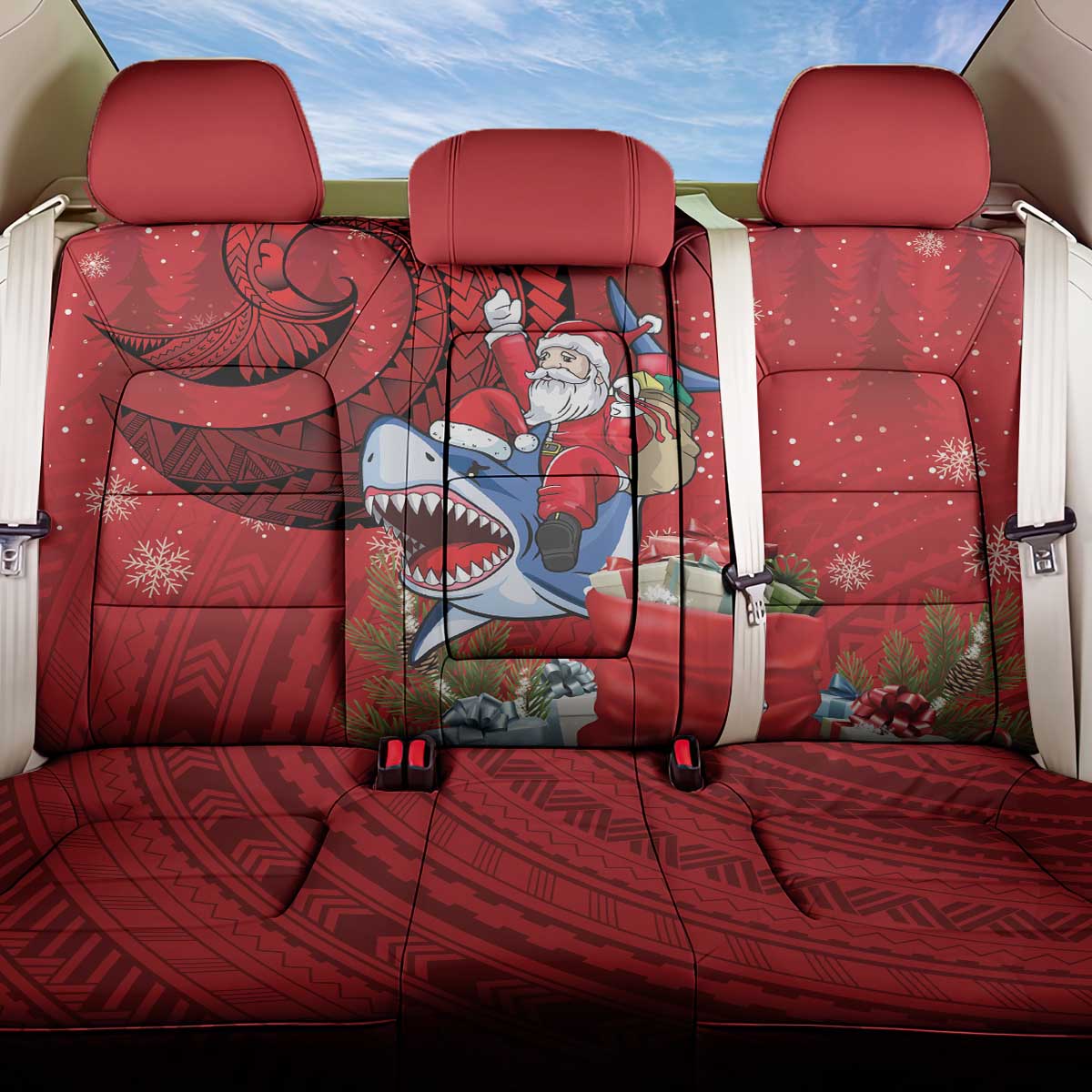 Funny Santa Riding Shark Back Car Seat Cover Polynesian Tribal Christmas Spirit LT9 One Size Red - Polynesian Pride